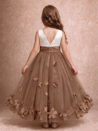 3D Floral Tulle Flower Girl Dress Pleated Sleeveless Floor Length Formal Wedding Party Gown