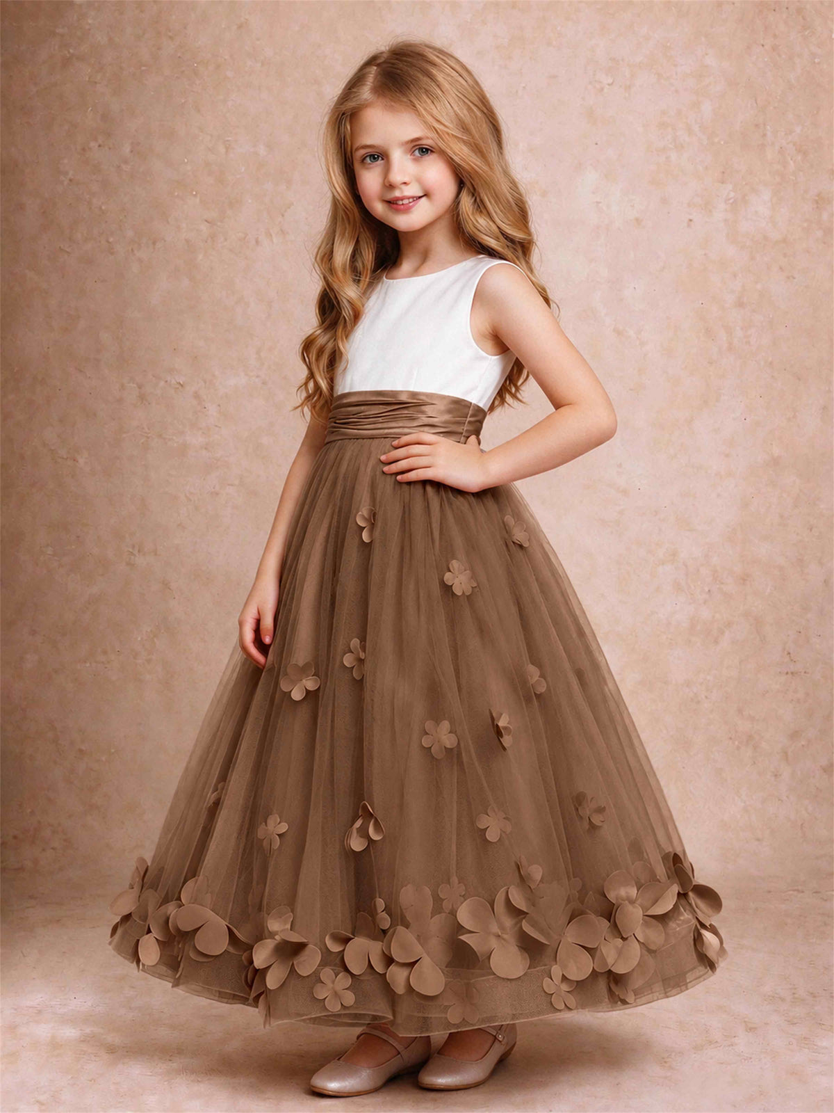 3D Floral Tulle Flower Girl Dress Pleated Sleeveless Floor Length Formal Wedding Party Gown