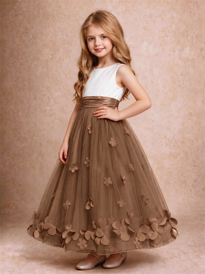 3D Floral Tulle Flower Girl Dress Pleated Sleeveless Floor Length Formal Wedding Party Gown