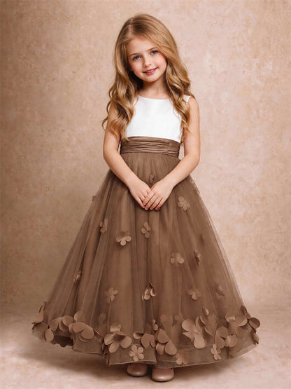 3D Floral Tulle Flower Girl Dress Pleated Sleeveless Floor Length Formal Wedding Party Gown