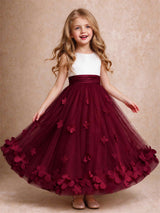 3D Floral Tulle Flower Girl Dress Pleated Sleeveless Floor Length Formal Wedding Party Gown