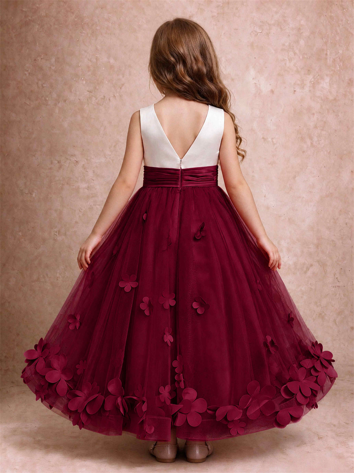 3D Floral Tulle Flower Girl Dress Pleated Sleeveless Floor Length Formal Wedding Party Gown
