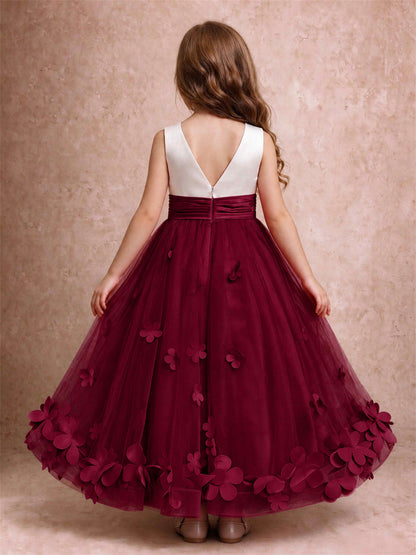 3D Floral Tulle Flower Girl Dress Pleated Sleeveless Floor Length Formal Wedding Party Gown