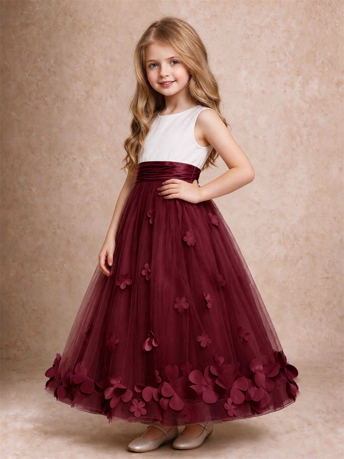 3D Floral Tulle Flower Girl Dress Pleated Sleeveless Floor Length Formal Wedding Party Gown