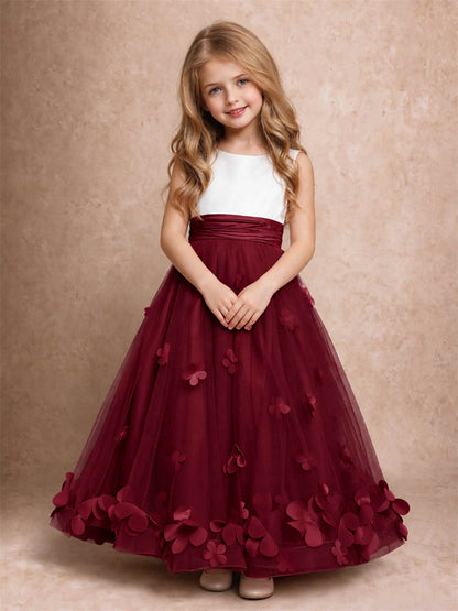 3D Floral Tulle Flower Girl Dress Pleated Sleeveless Floor Length Formal Wedding Party Gown