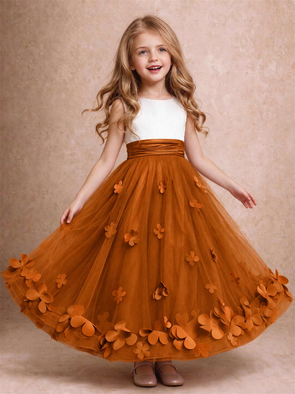 3D Floral Tulle Flower Girl Dress Pleated Sleeveless Floor Length Formal Wedding Party Gown