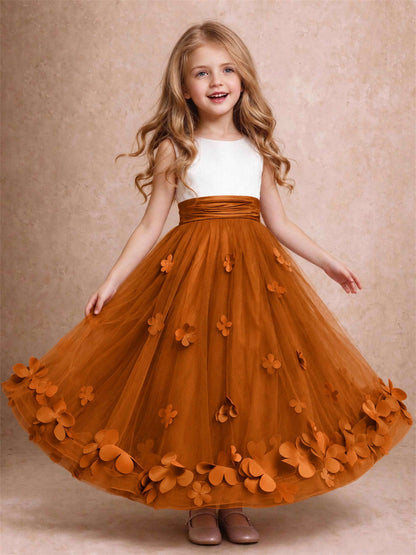 3D Floral Tulle Flower Girl Dress Pleated Sleeveless Floor Length Formal Wedding Party Gown