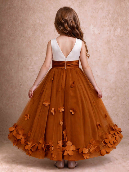3D Floral Tulle Flower Girl Dress Pleated Sleeveless Floor Length Formal Wedding Party Gown