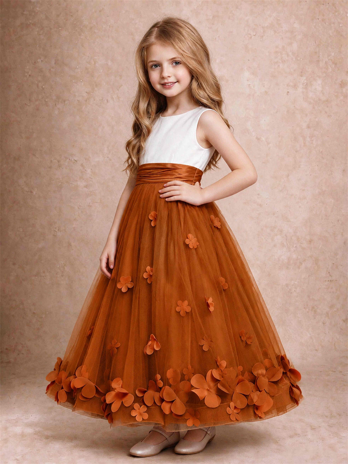 3D Floral Tulle Flower Girl Dress Pleated Sleeveless Floor Length Formal Wedding Party Gown