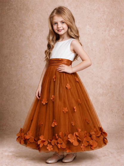 3D Floral Tulle Flower Girl Dress Pleated Sleeveless Floor Length Formal Wedding Party Gown