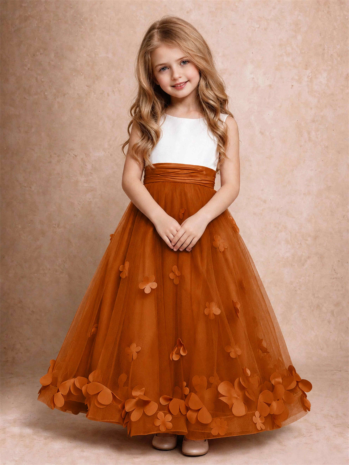3D Floral Tulle Flower Girl Dress Pleated Sleeveless Floor Length Formal Wedding Party Gown