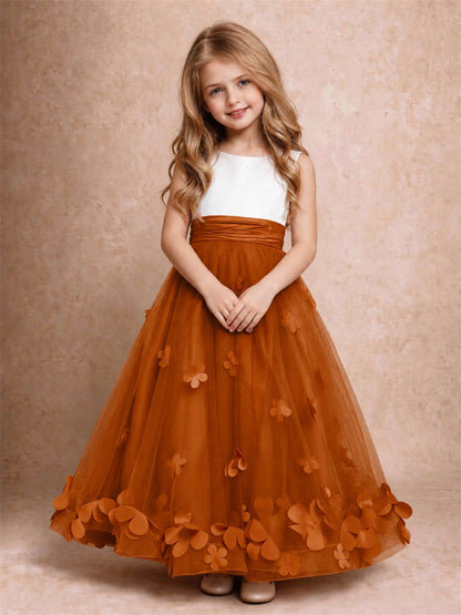 3D Floral Tulle Flower Girl Dress Pleated Sleeveless Floor Length Formal Wedding Party Gown