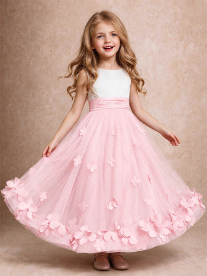 3D Floral Tulle Flower Girl Dress Pleated Sleeveless Floor Length Formal Wedding Party Gown