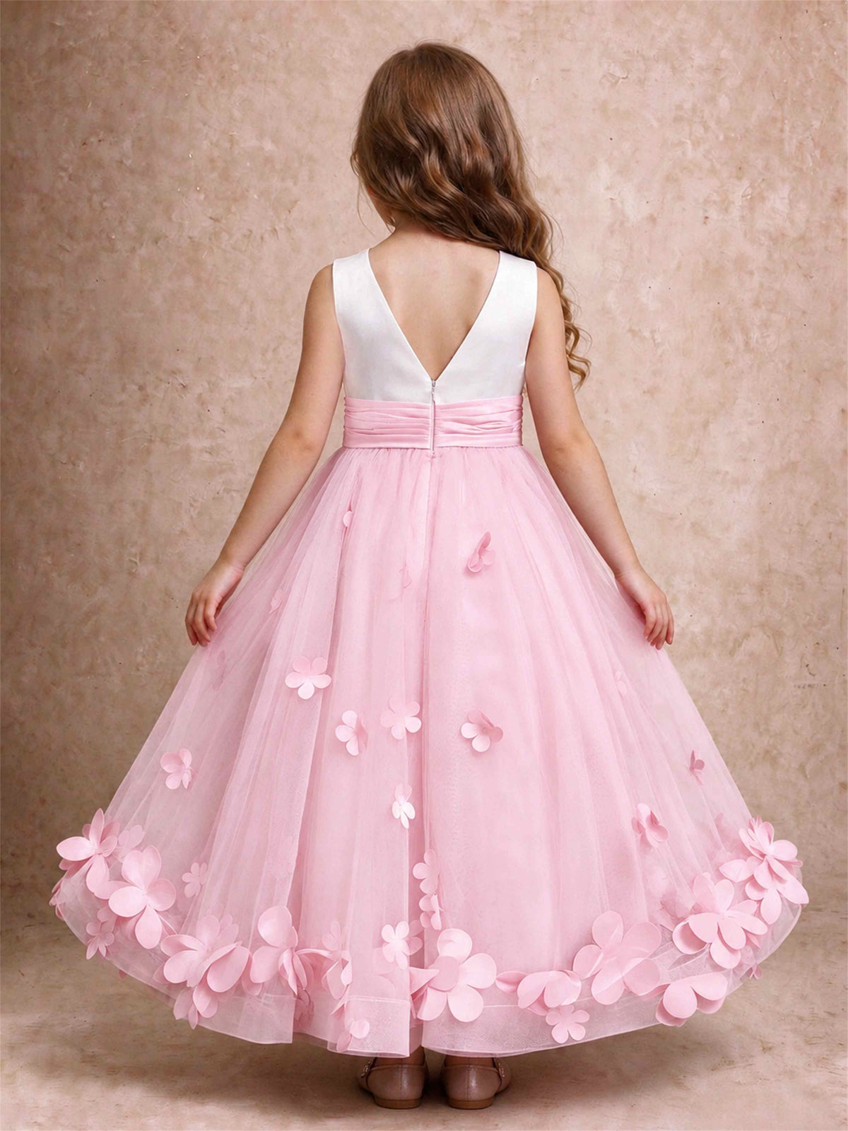 3D Floral Tulle Flower Girl Dress Pleated Sleeveless Floor Length Formal Wedding Party Gown