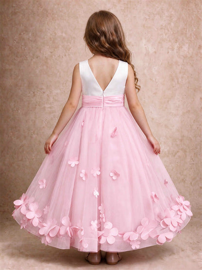 3D Floral Tulle Flower Girl Dress Pleated Sleeveless Floor Length Formal Wedding Party Gown