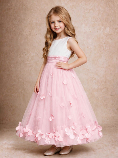 3D Floral Tulle Flower Girl Dress Pleated Sleeveless Floor Length Formal Wedding Party Gown