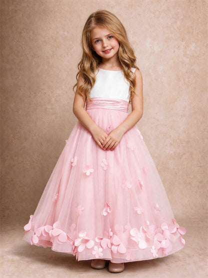 3D Floral Tulle Flower Girl Dress Pleated Sleeveless Floor Length Formal Wedding Party Gown