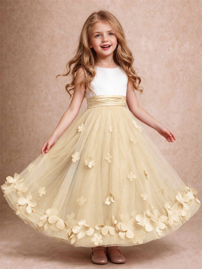3D Floral Tulle Flower Girl Dress Pleated Sleeveless Floor Length Formal Wedding Party Gown