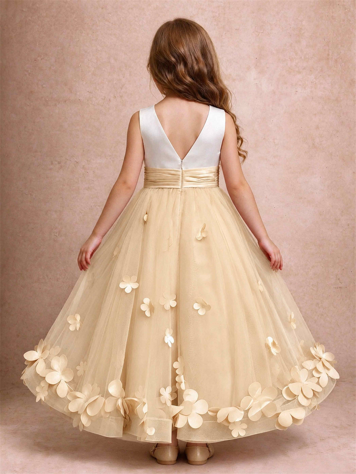 3D Floral Tulle Flower Girl Dress Pleated Sleeveless Floor Length Formal Wedding Party Gown