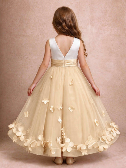3D Floral Tulle Flower Girl Dress Pleated Sleeveless Floor Length Formal Wedding Party Gown