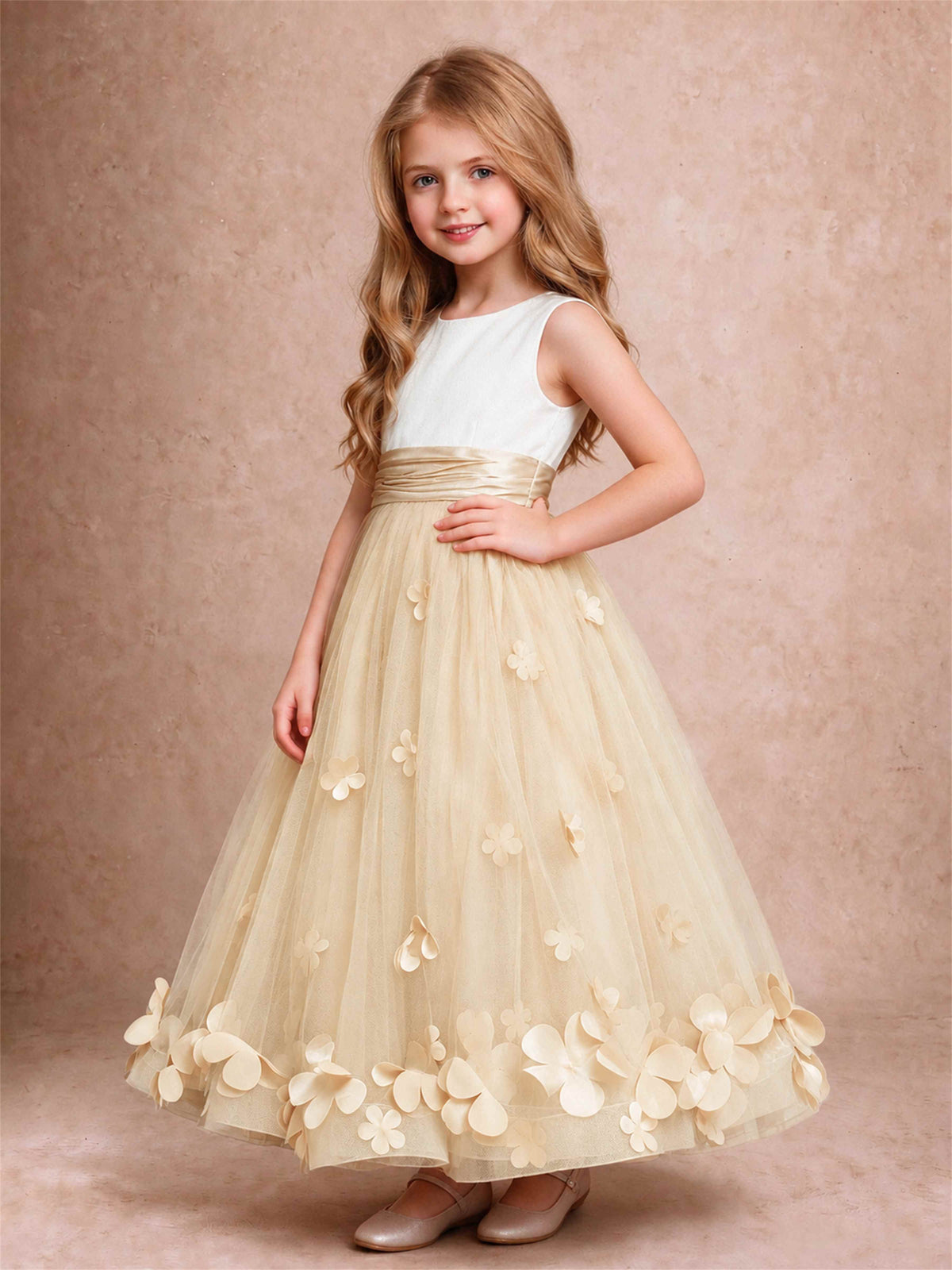 3D Floral Tulle Flower Girl Dress Pleated Sleeveless Floor Length Formal Wedding Party Gown