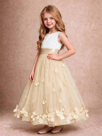 3D Floral Tulle Flower Girl Dress Pleated Sleeveless Floor Length Formal Wedding Party Gown