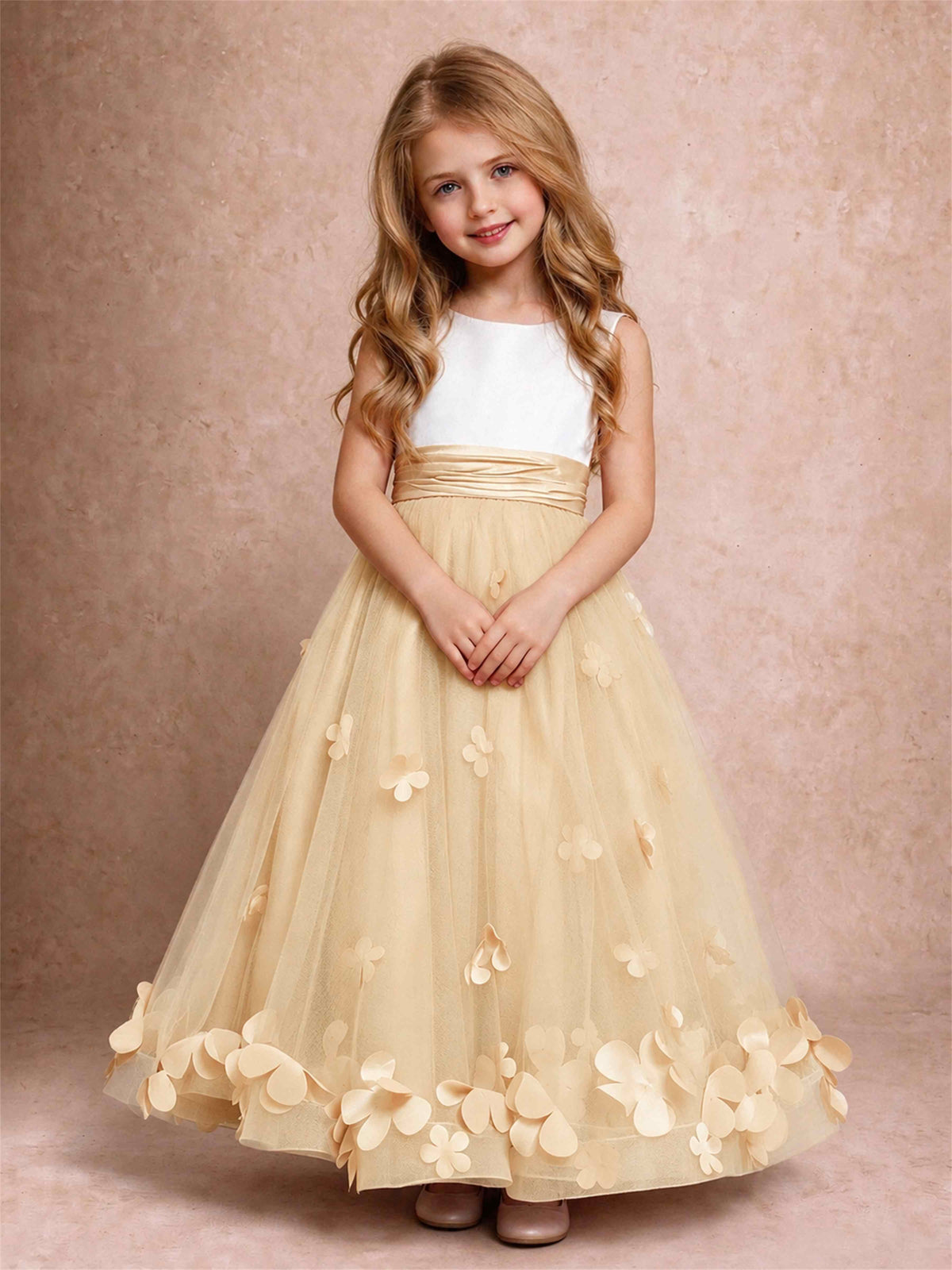 3D Floral Tulle Flower Girl Dress Pleated Sleeveless Floor Length Formal Wedding Party Gown