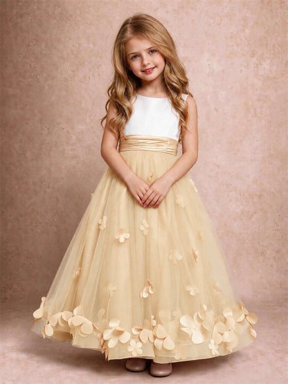 3D Floral Tulle Flower Girl Dress Pleated Sleeveless Floor Length Formal Wedding Party Gown