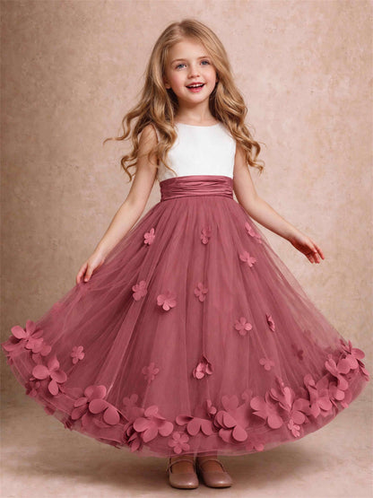 3D Floral Tulle Flower Girl Dress Pleated Sleeveless Floor Length Formal Wedding Party Gown