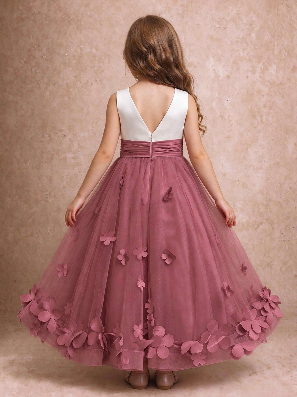 3D Floral Tulle Flower Girl Dress Pleated Sleeveless Floor Length Formal Wedding Party Gown