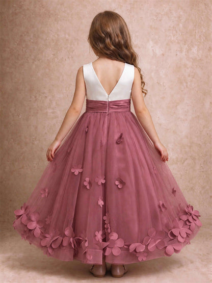 3D Floral Tulle Flower Girl Dress Pleated Sleeveless Floor Length Formal Wedding Party Gown