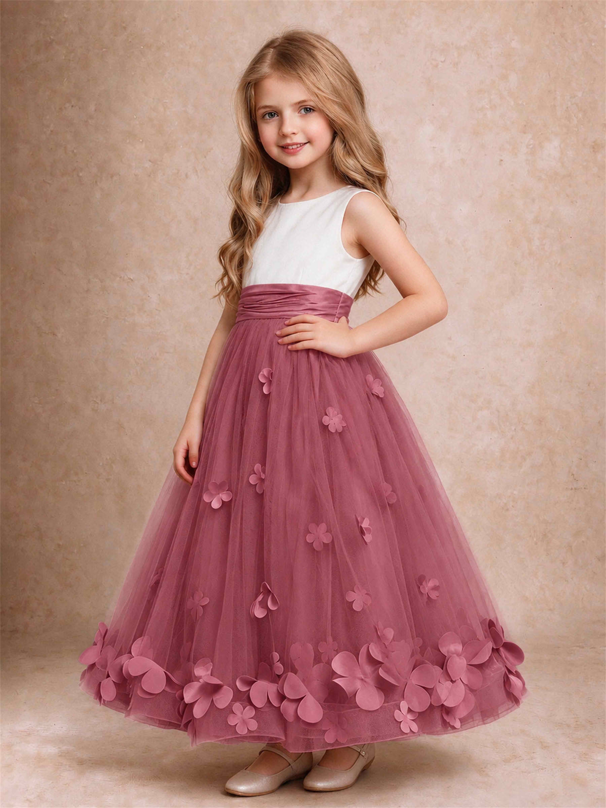 3D Floral Tulle Flower Girl Dress Pleated Sleeveless Floor Length Formal Wedding Party Gown