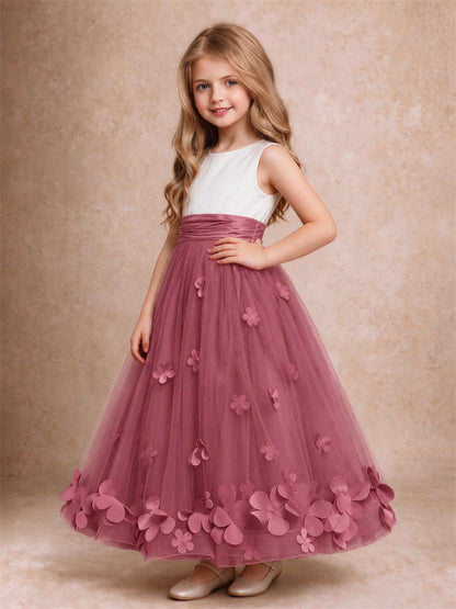3D Floral Tulle Flower Girl Dress Pleated Sleeveless Floor Length Formal Wedding Party Gown