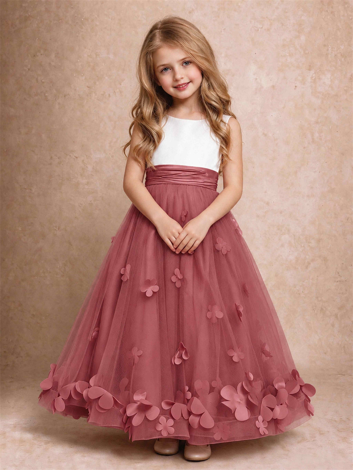 3D Floral Tulle Flower Girl Dress Pleated Sleeveless Floor Length Formal Wedding Party Gown