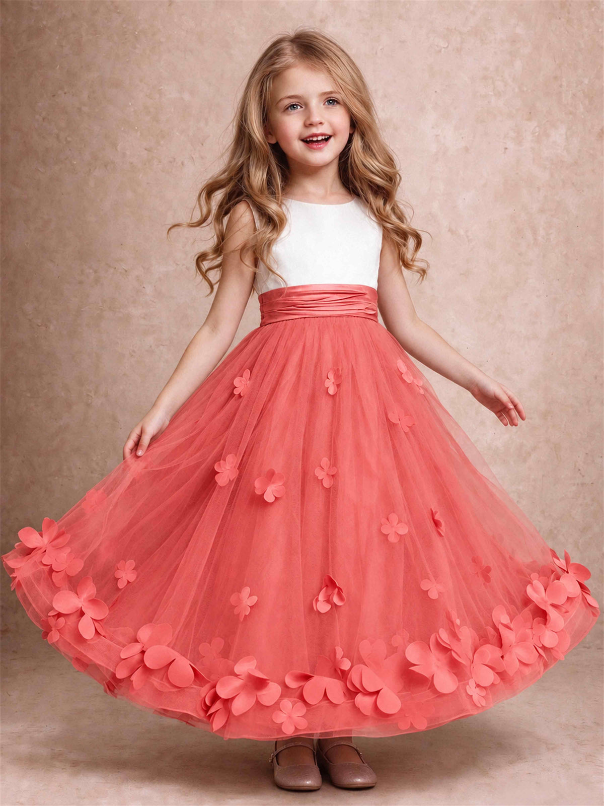 3D Floral Tulle Flower Girl Dress Pleated Sleeveless Floor Length Formal Wedding Party Gown