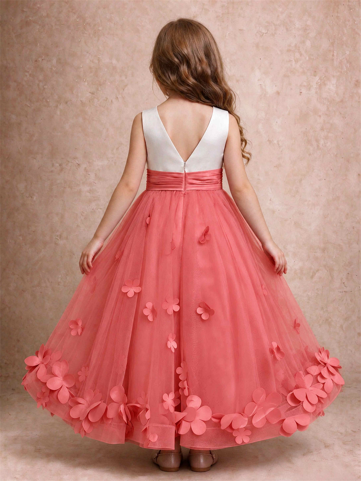 3D Floral Tulle Flower Girl Dress Pleated Sleeveless Floor Length Formal Wedding Party Gown