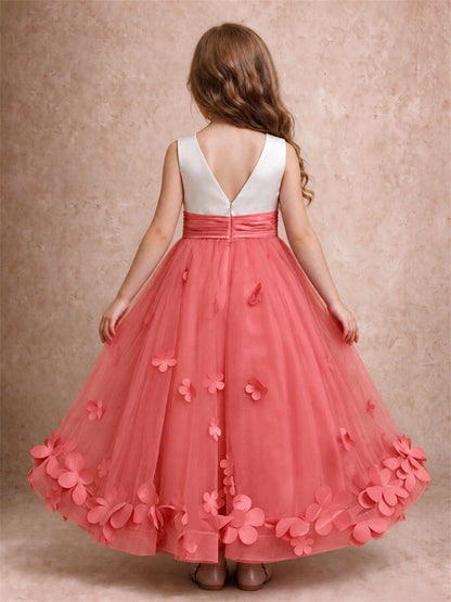 3D Floral Tulle Flower Girl Dress Pleated Sleeveless Floor Length Formal Wedding Party Gown