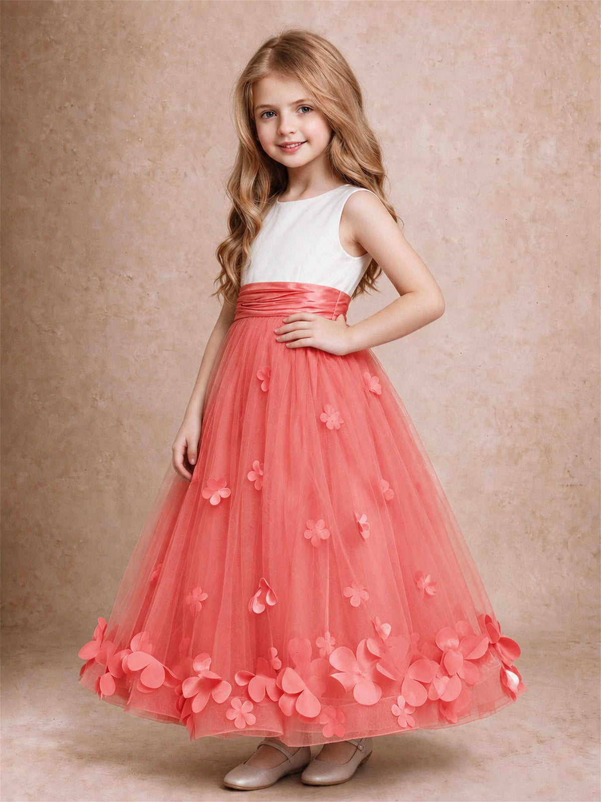 3D Floral Tulle Flower Girl Dress Pleated Sleeveless Floor Length Formal Wedding Party Gown