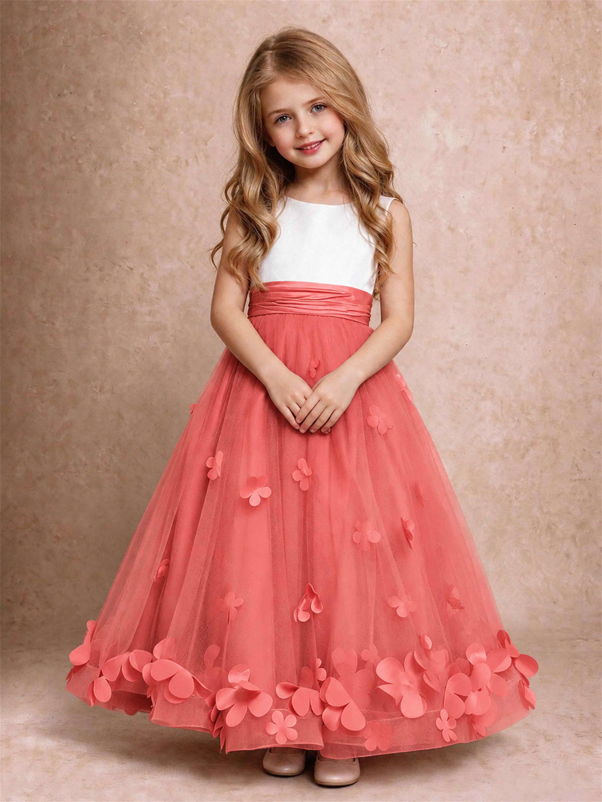 3D Floral Tulle Flower Girl Dress Pleated Sleeveless Floor Length Formal Wedding Party Gown
