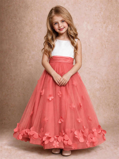 3D Floral Tulle Flower Girl Dress Pleated Sleeveless Floor Length Formal Wedding Party Gown