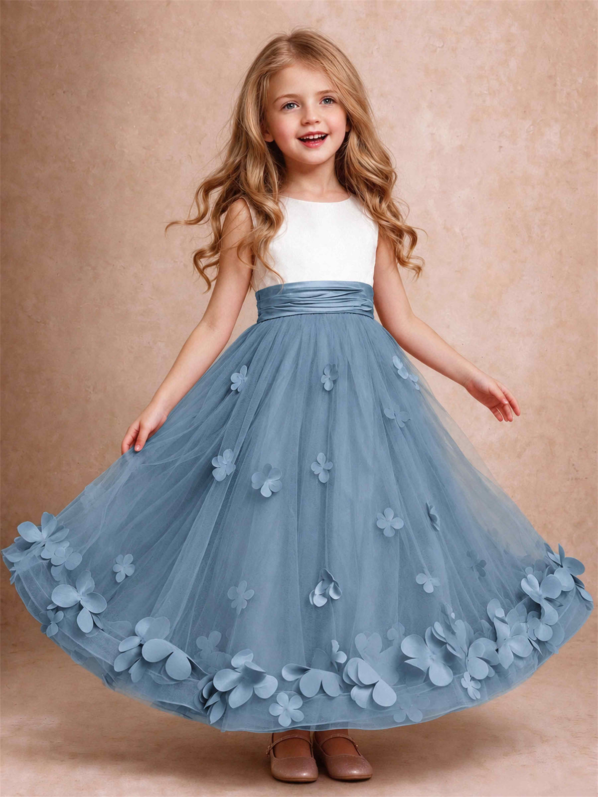 3D Floral Tulle Flower Girl Dress Pleated Sleeveless Floor Length Formal Wedding Party Gown