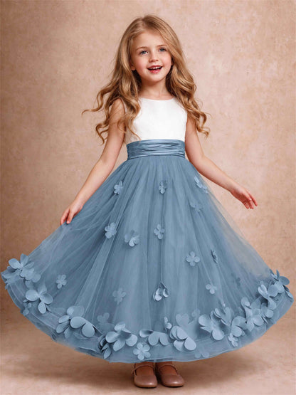 3D Floral Tulle Flower Girl Dress Pleated Sleeveless Floor Length Formal Wedding Party Gown