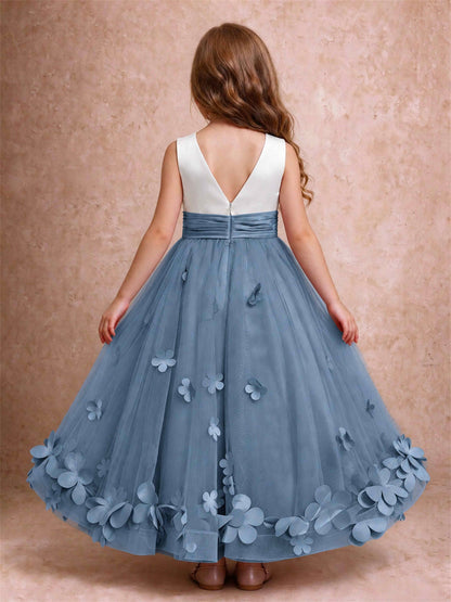 3D Floral Tulle Flower Girl Dress Pleated Sleeveless Floor Length Formal Wedding Party Gown