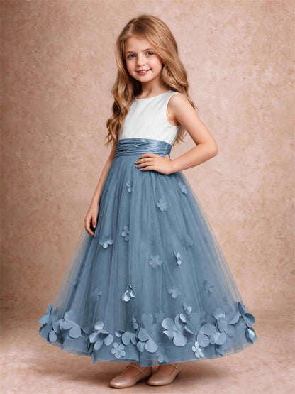 3D Floral Tulle Flower Girl Dress Pleated Sleeveless Floor Length Formal Wedding Party Gown