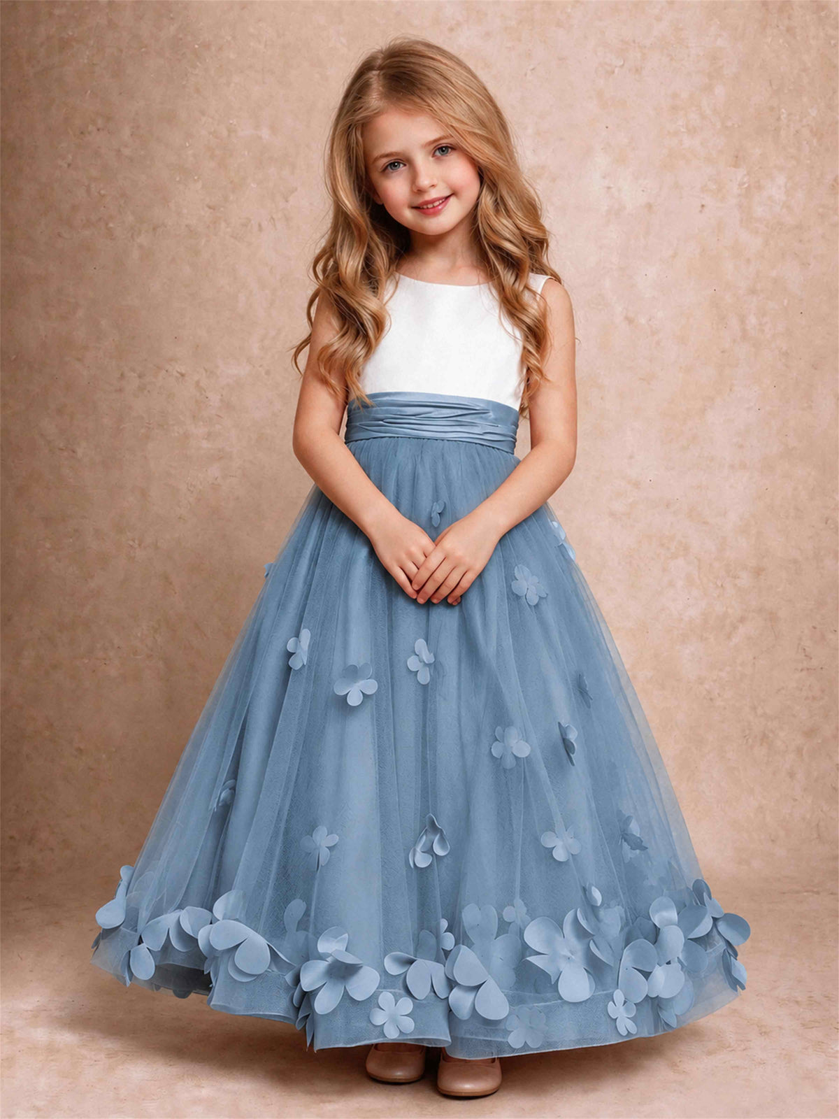 3D Floral Tulle Flower Girl Dress Pleated Sleeveless Floor Length Formal Wedding Party Gown