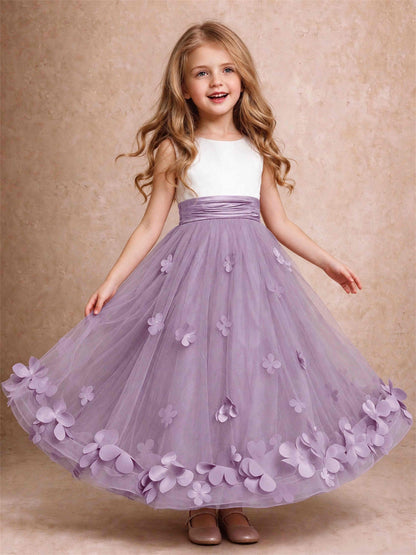 3D Floral Tulle Flower Girl Dress Pleated Sleeveless Floor Length Formal Wedding Party Gown