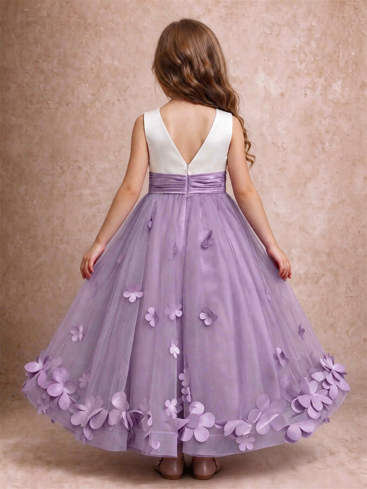 3D Floral Tulle Flower Girl Dress Pleated Sleeveless Floor Length Formal Wedding Party Gown