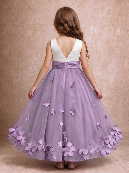 3D Floral Tulle Flower Girl Dress Pleated Sleeveless Floor Length Formal Wedding Party Gown