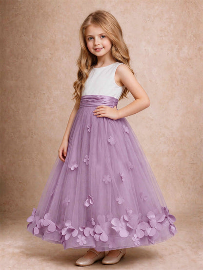3D Floral Tulle Flower Girl Dress Pleated Sleeveless Floor Length Formal Wedding Party Gown