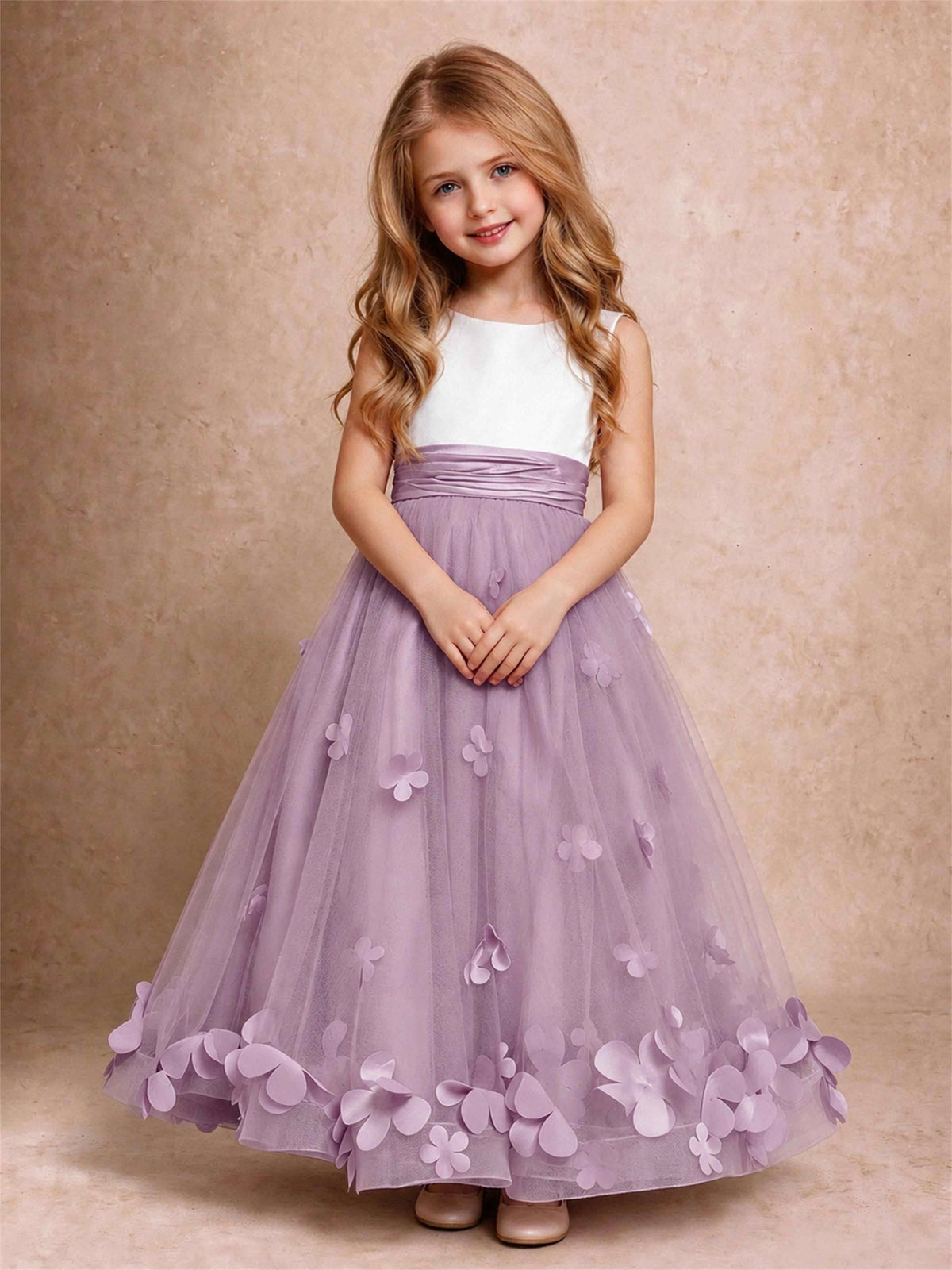 3D Floral Tulle Flower Girl Dress Pleated Sleeveless Floor Length Formal Wedding Party Gown